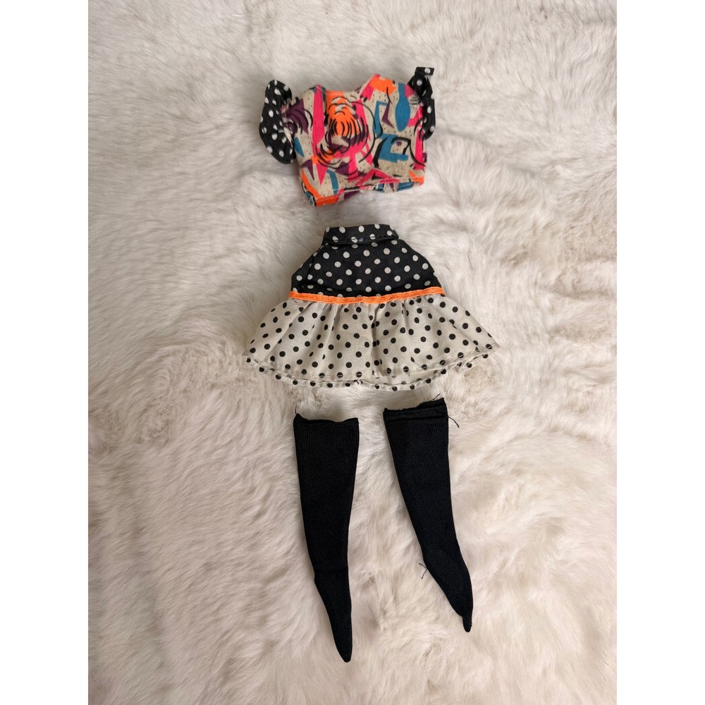 Genuine Barbie Doll Outfit White‎ Polka Dot Skirt Top and Boot Socks Set